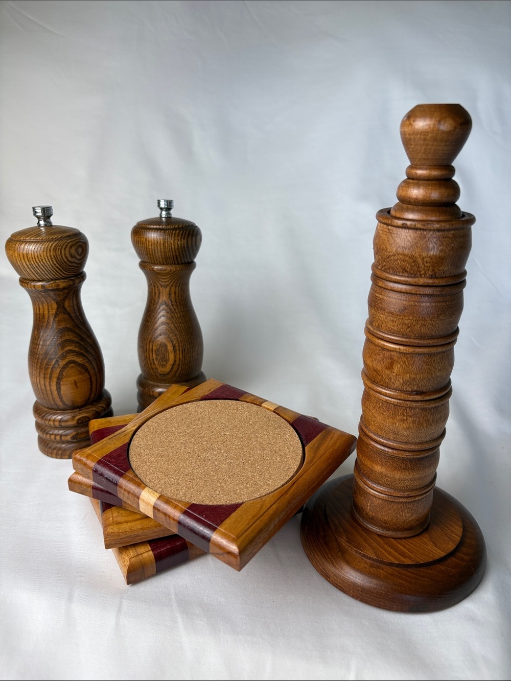Vintage Wooden Entertaining Trio - Salt & Pepper Mills, Coasters & Napkin Rings